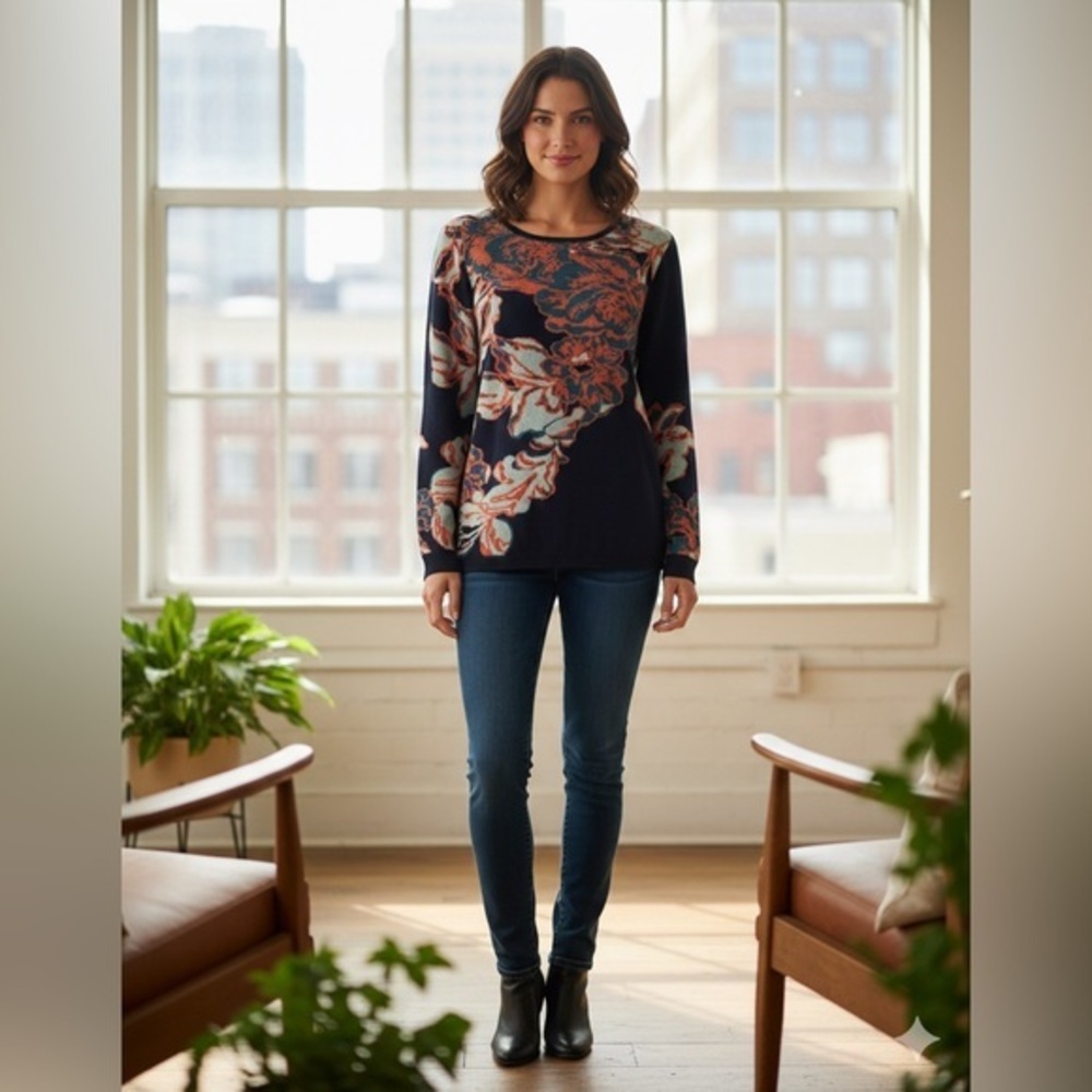 Soft Surroundings Women’s X Small Seeds Of Spring Navy Floral Cotton Sweater XS